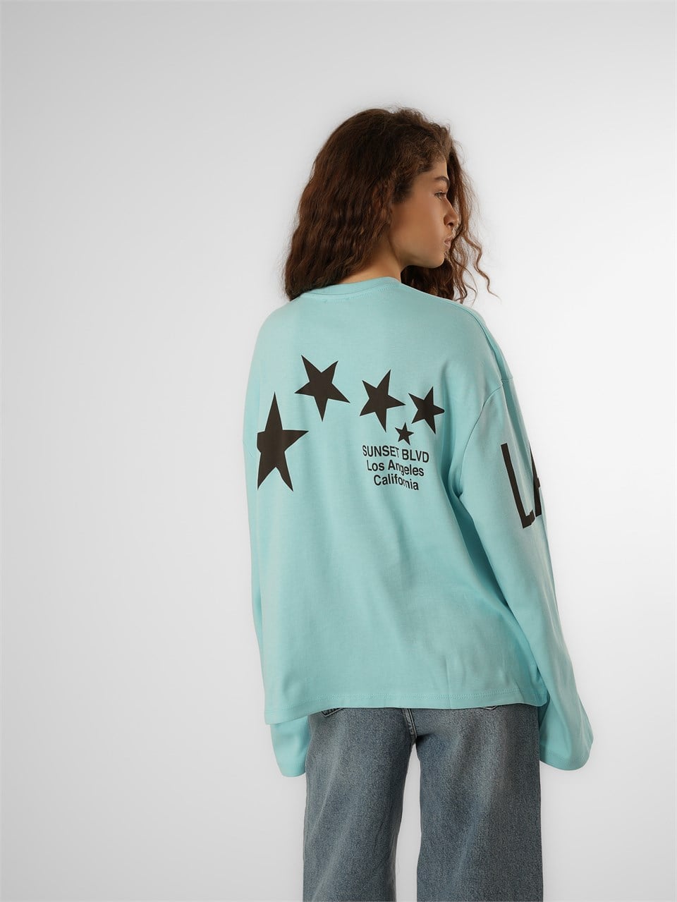 Baskılı Uzun Kol T-shirt Turkuaz