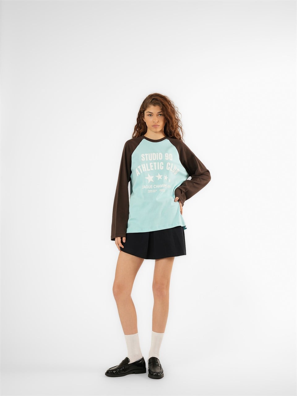 Baskılı Uzun Kol T-shirt Turkuaz-Kahve
