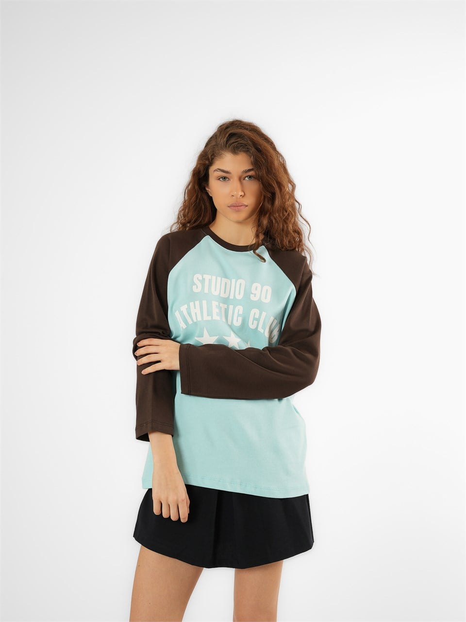Baskılı Uzun Kol T-shirt Turkuaz-Kahve