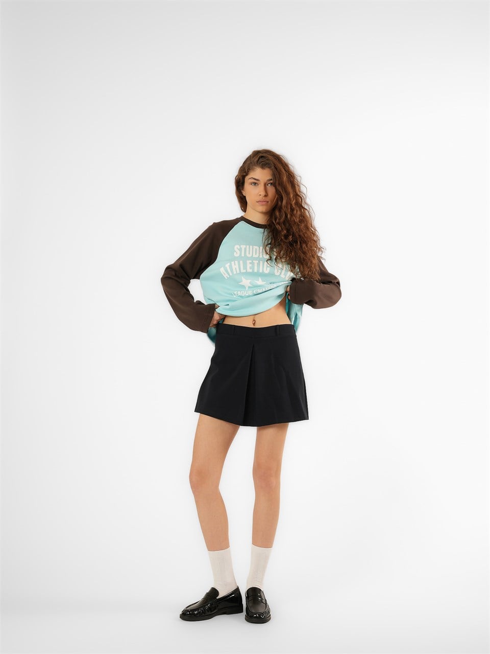 Baskılı Uzun Kol T-shirt Turkuaz-Kahve