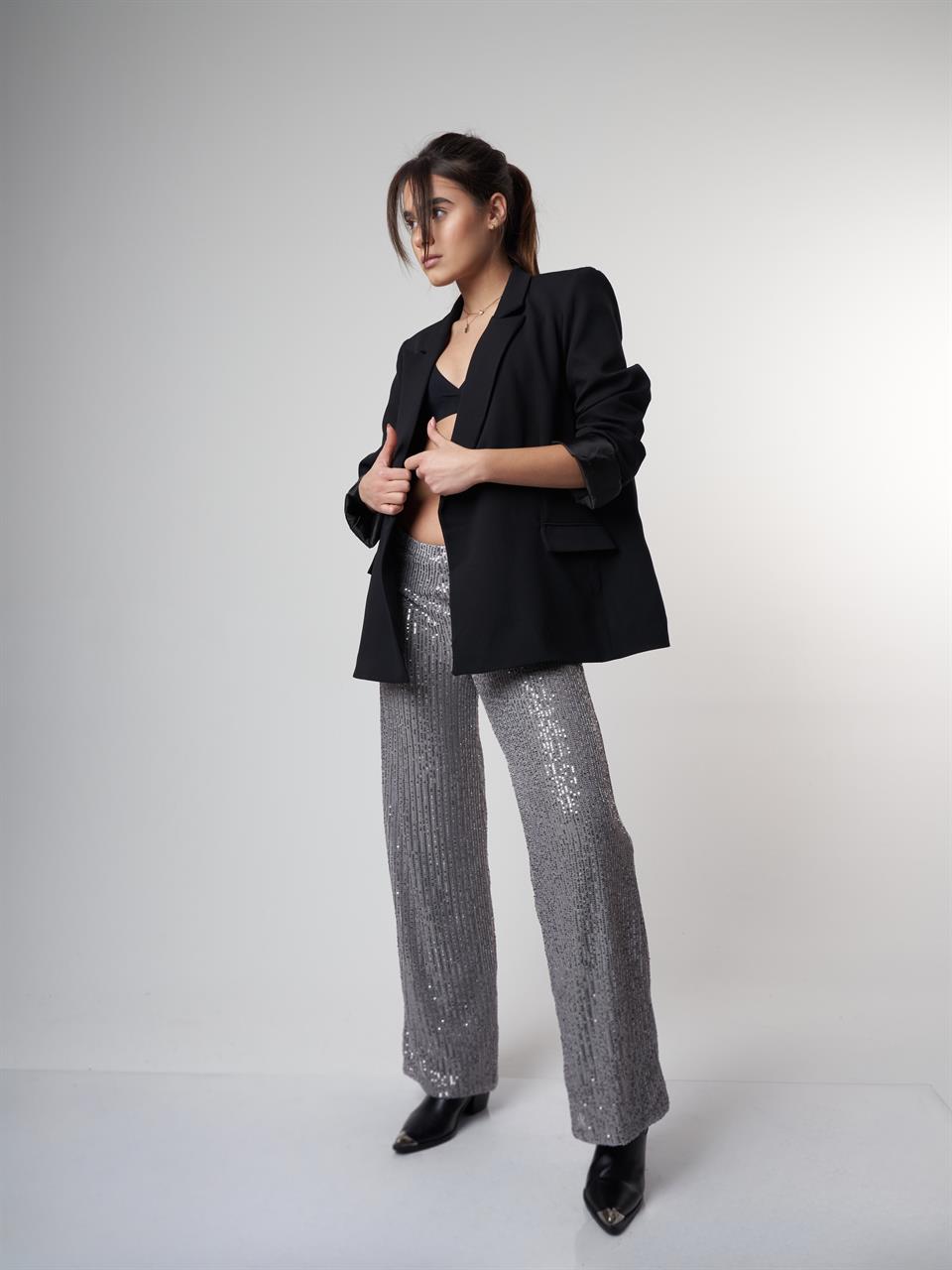 Bel İçi Lastik Pullu Bol Paça Pantolon Gri