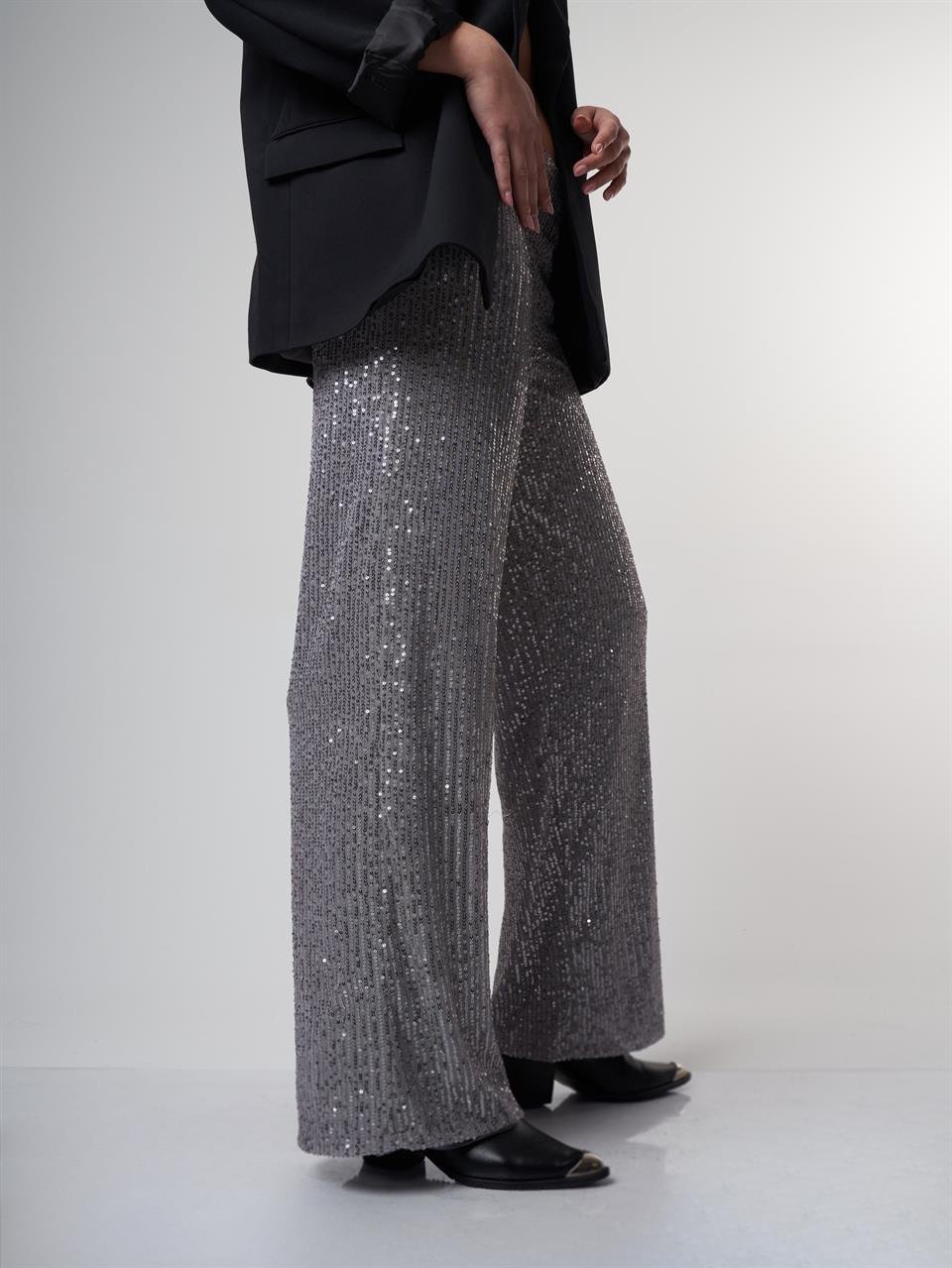 Bel İçi Lastik Pullu Bol Paça Pantolon Gri