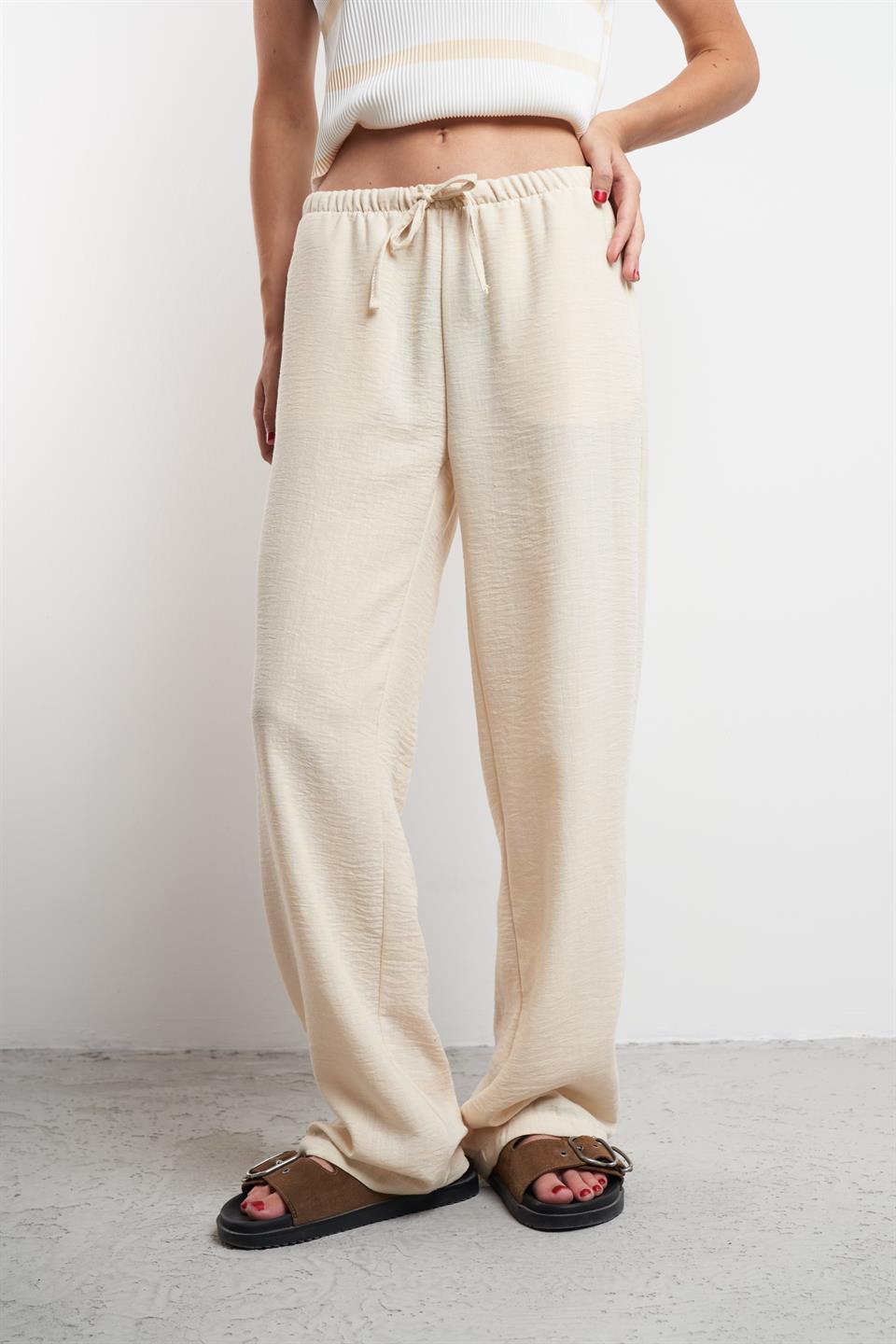 Bel Lastik Ayrobin Bol Paça Pantolon Krem