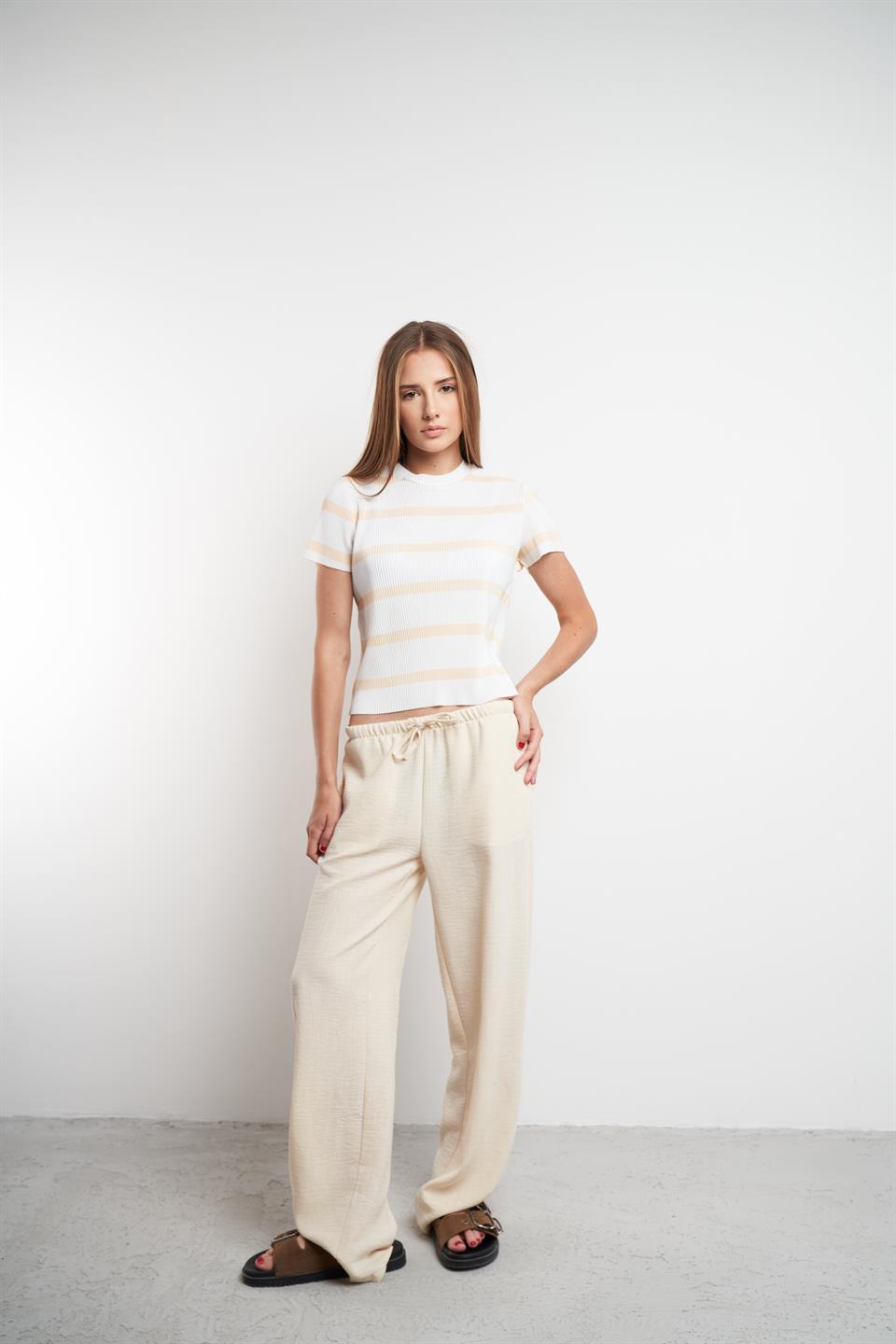 Bel Lastik Ayrobin Bol Paça Pantolon Krem