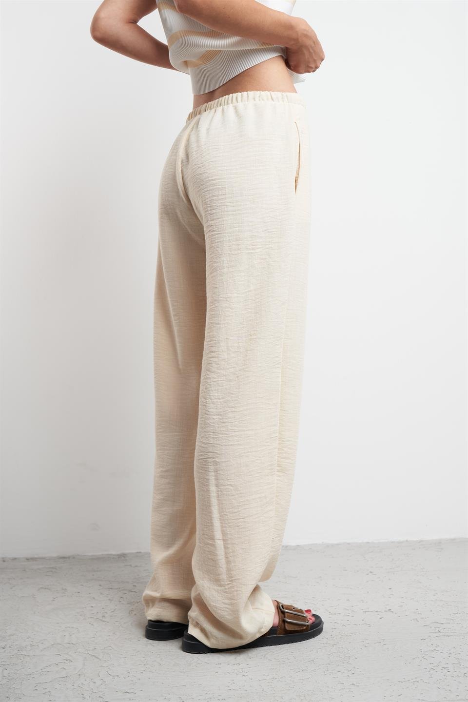 Bel Lastik Ayrobin Bol Paça Pantolon Krem