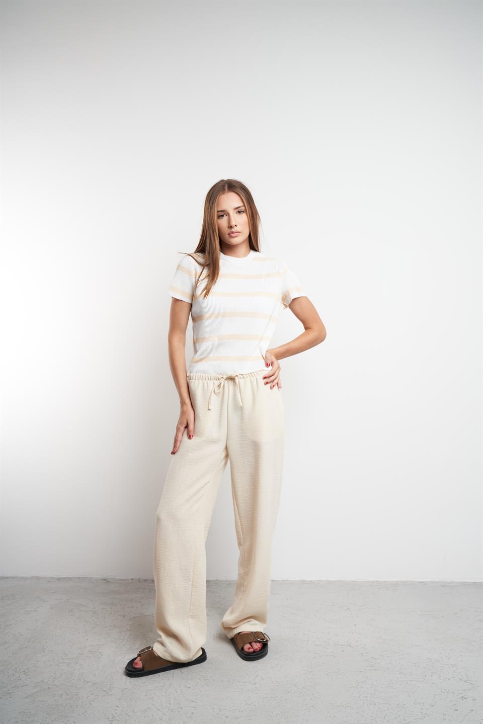 Bel Lastik Ayrobin Bol Paça Pantolon Krem
