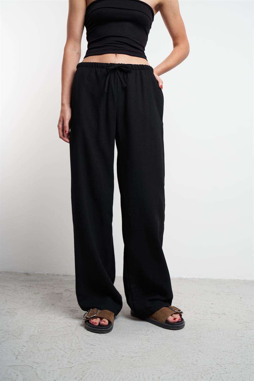 Bel Lastik Ayrobin Bol Paça Pantolon Siyah