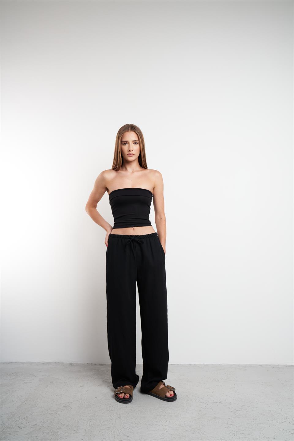 Bel Lastik Ayrobin Bol Paça Pantolon Siyah