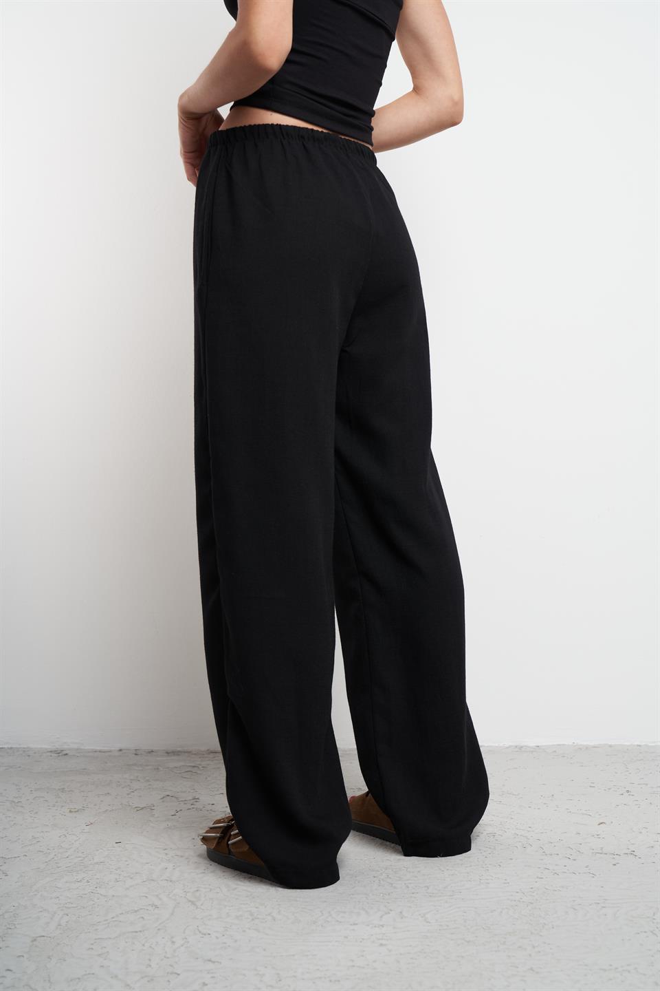 Bel Lastik Ayrobin Bol Paça Pantolon Siyah