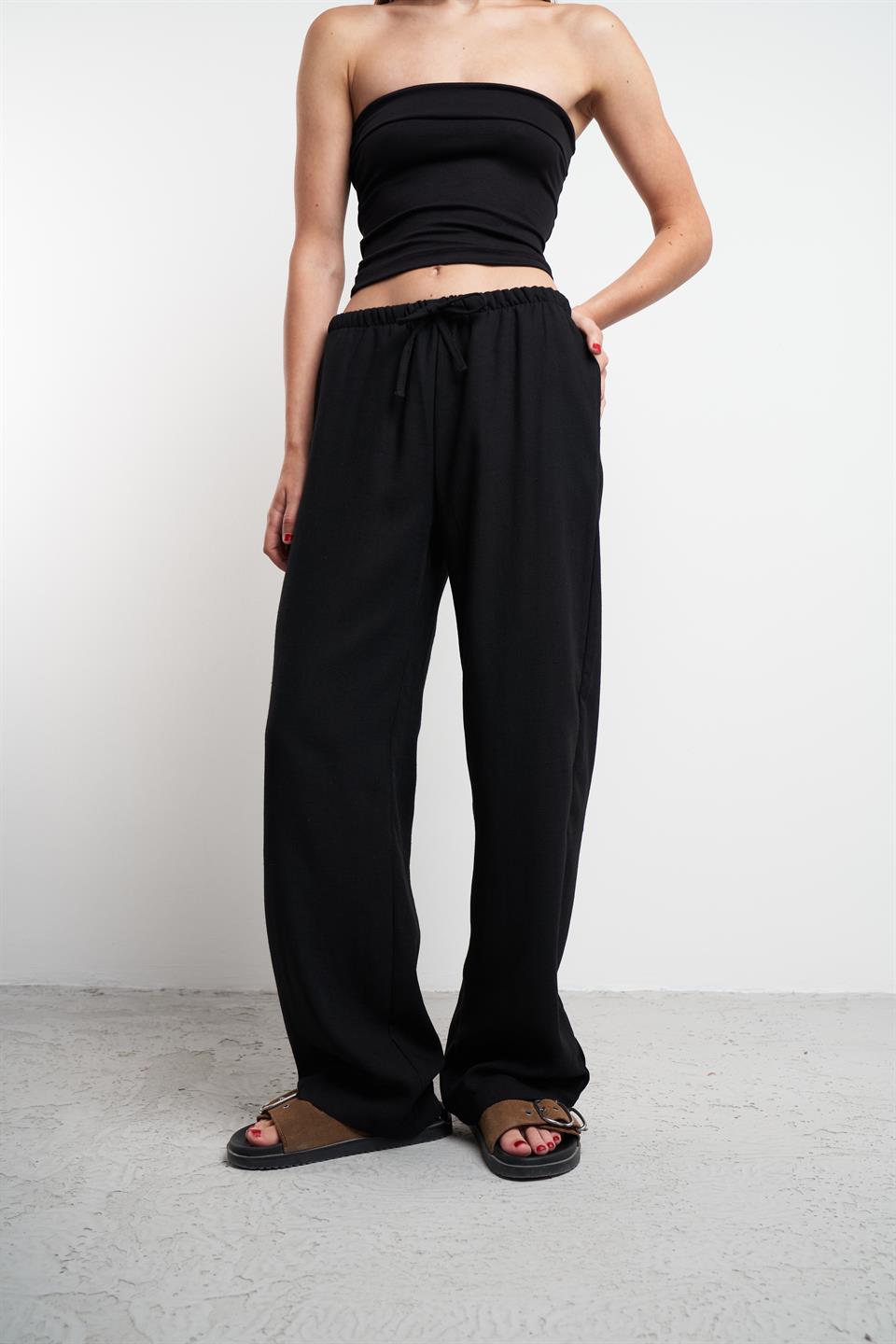 Bel Lastik Ayrobin Bol Paça Pantolon Siyah