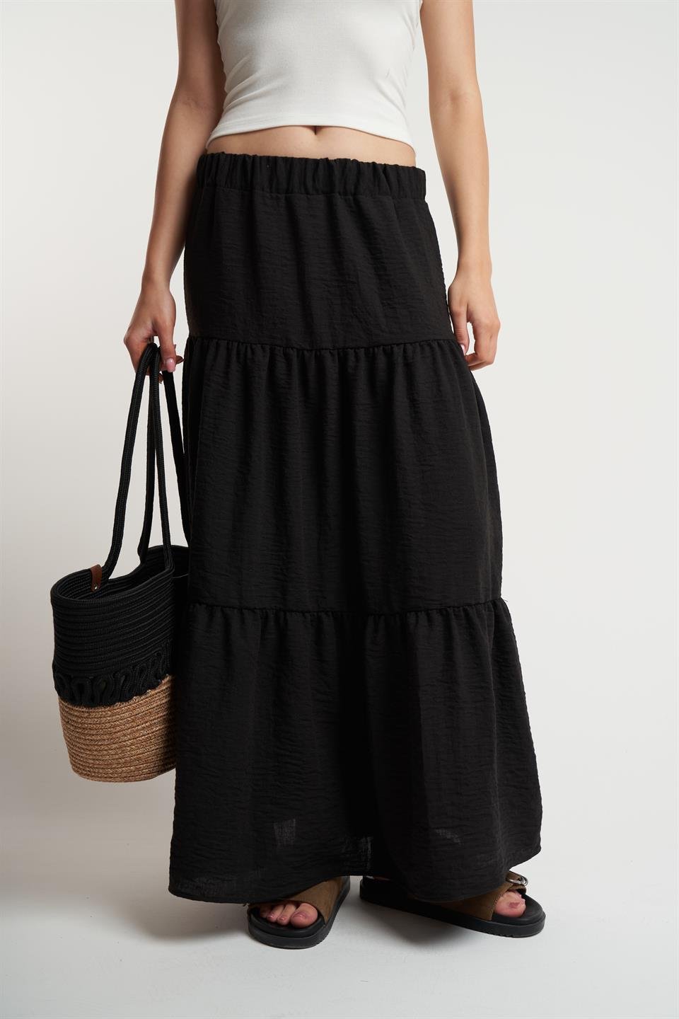 Bel Lastik Ayrobin Uzun Etek Siyah
