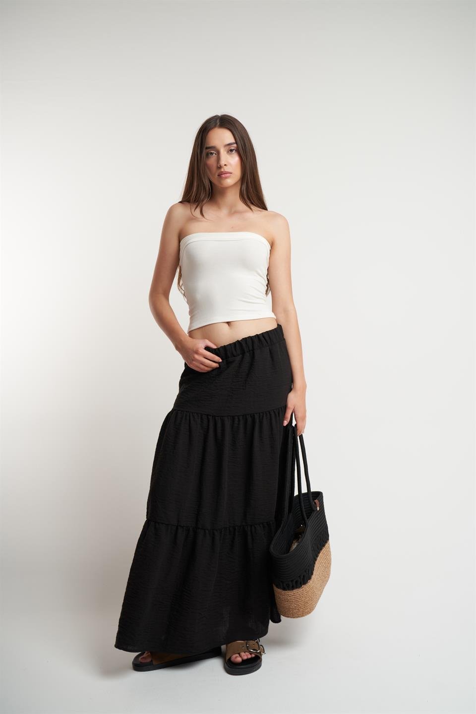 Bel Lastik Ayrobin Uzun Etek Siyah