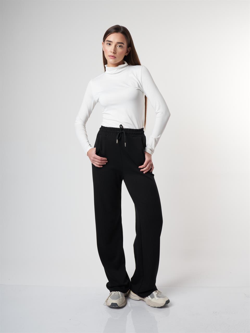 Bel Lastik Bol Paça Modal Pantolon Siyah