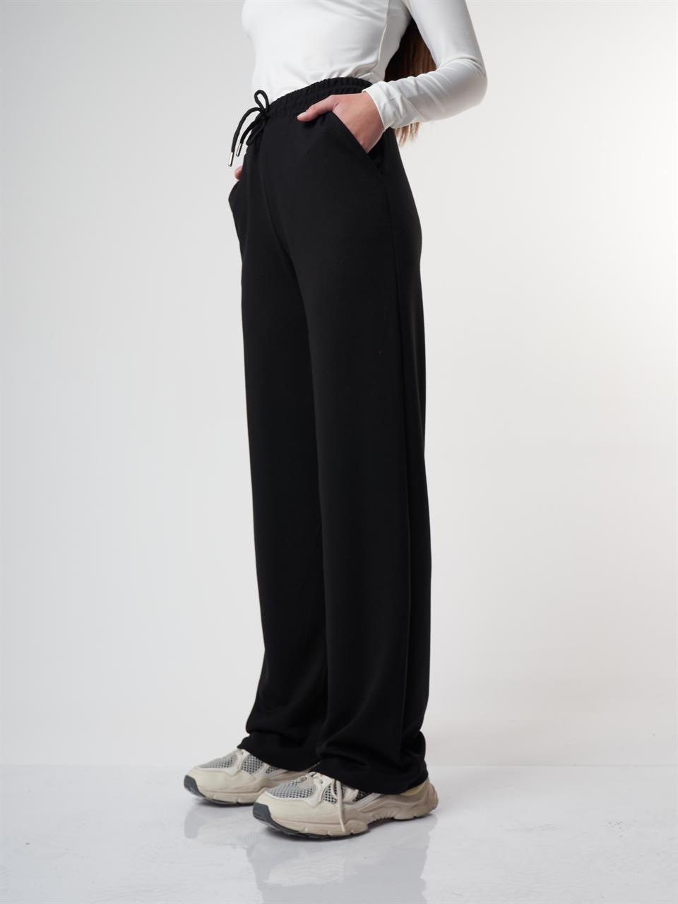 Bel Lastik Bol Paça Modal Pantolon Siyah