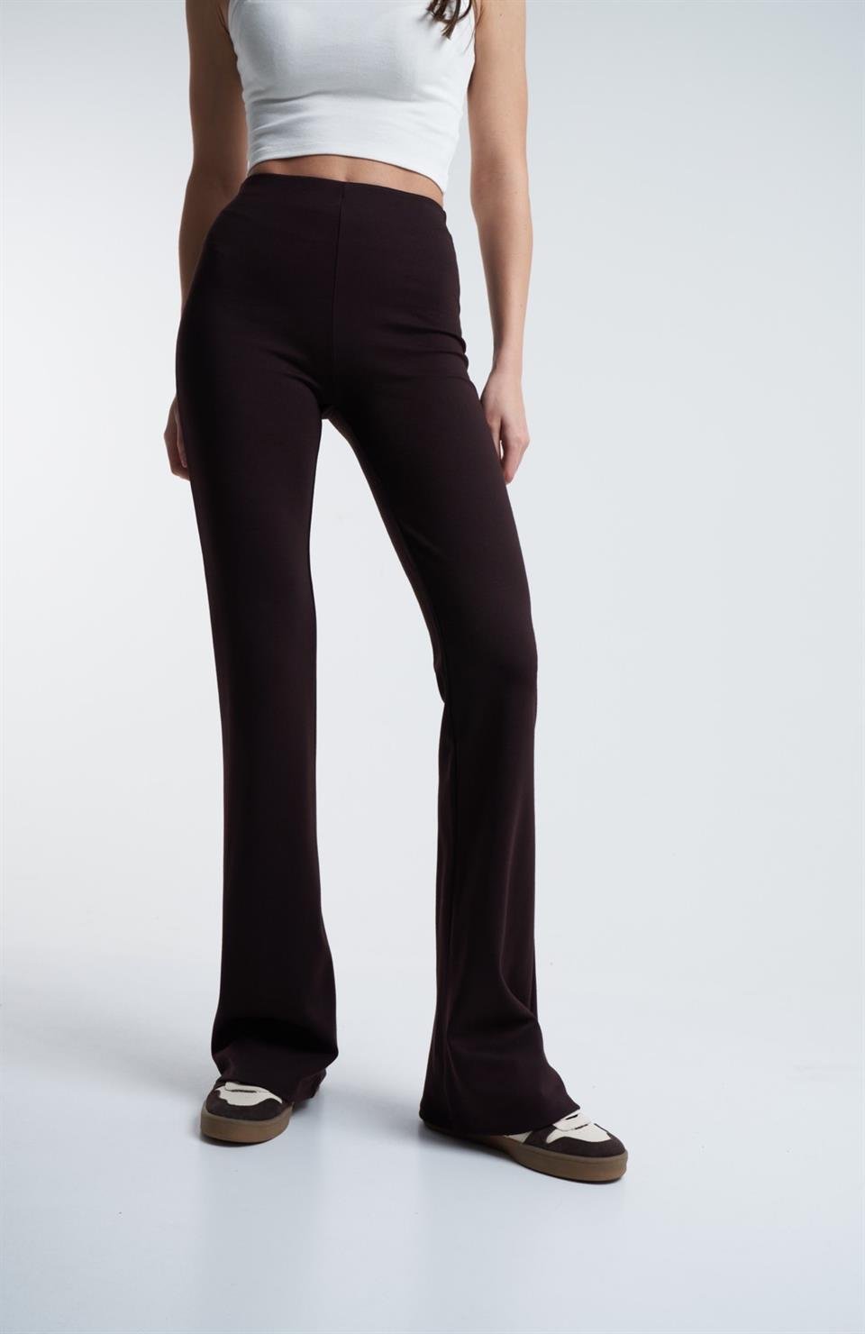 Bel Lastik Çelikli Kumaş İspanyol Paça Pantolon Kahve