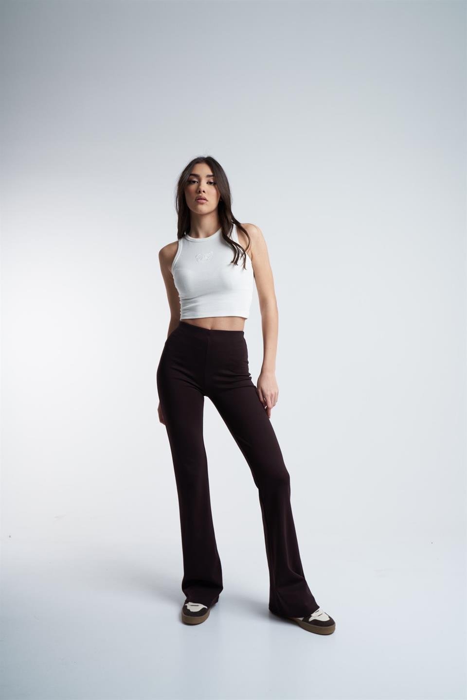 Bel Lastik Çelikli Kumaş İspanyol Paça Pantolon Kahve