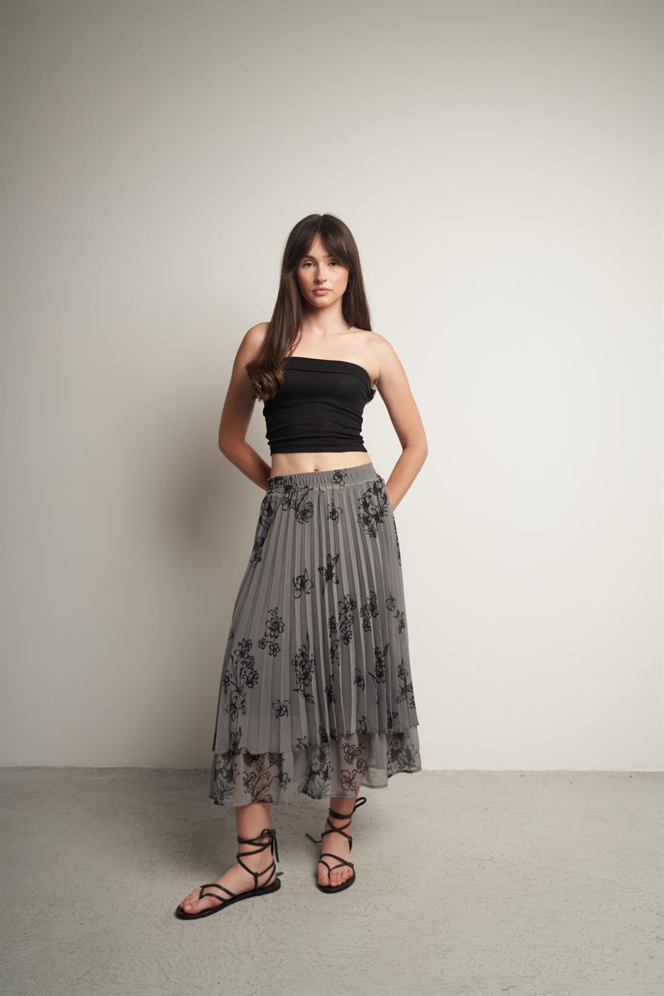 Bel Lastik Çift Katlı Desenli Uzun Etek Haki