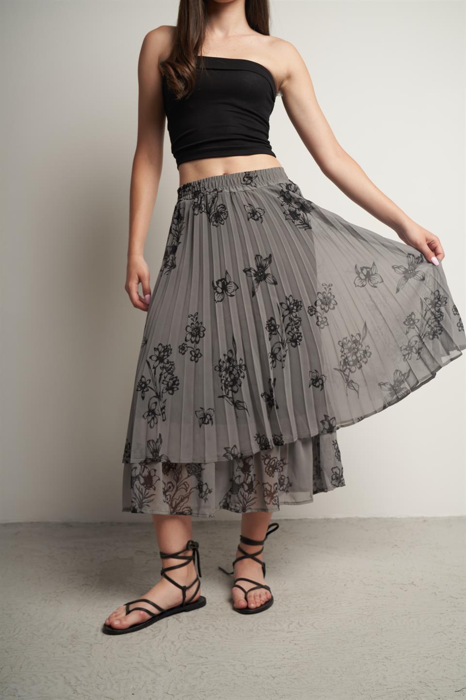 Bel Lastik Çift Katlı Desenli Uzun Etek Haki