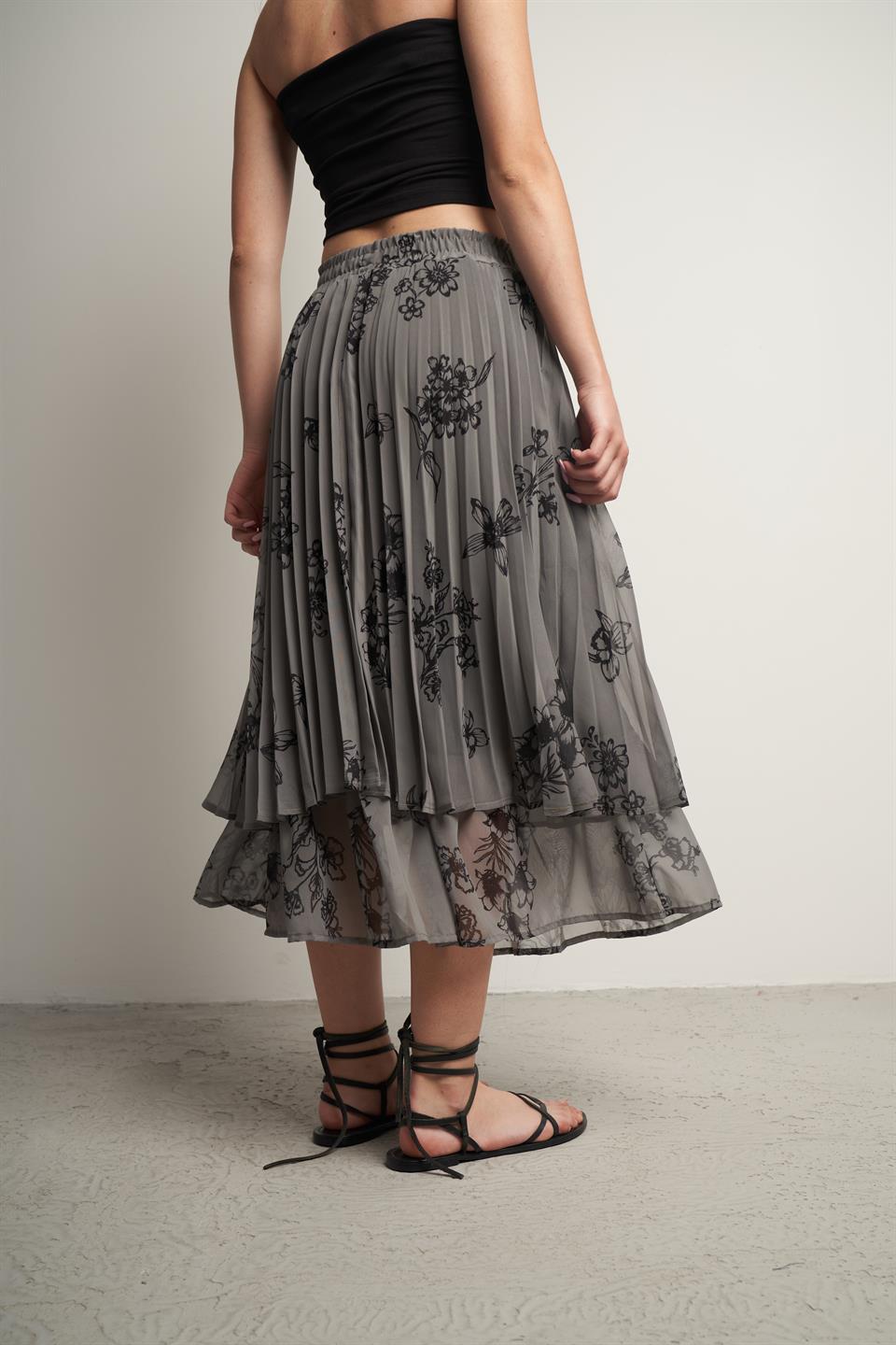 Bel Lastik Çift Katlı Desenli Uzun Etek Haki