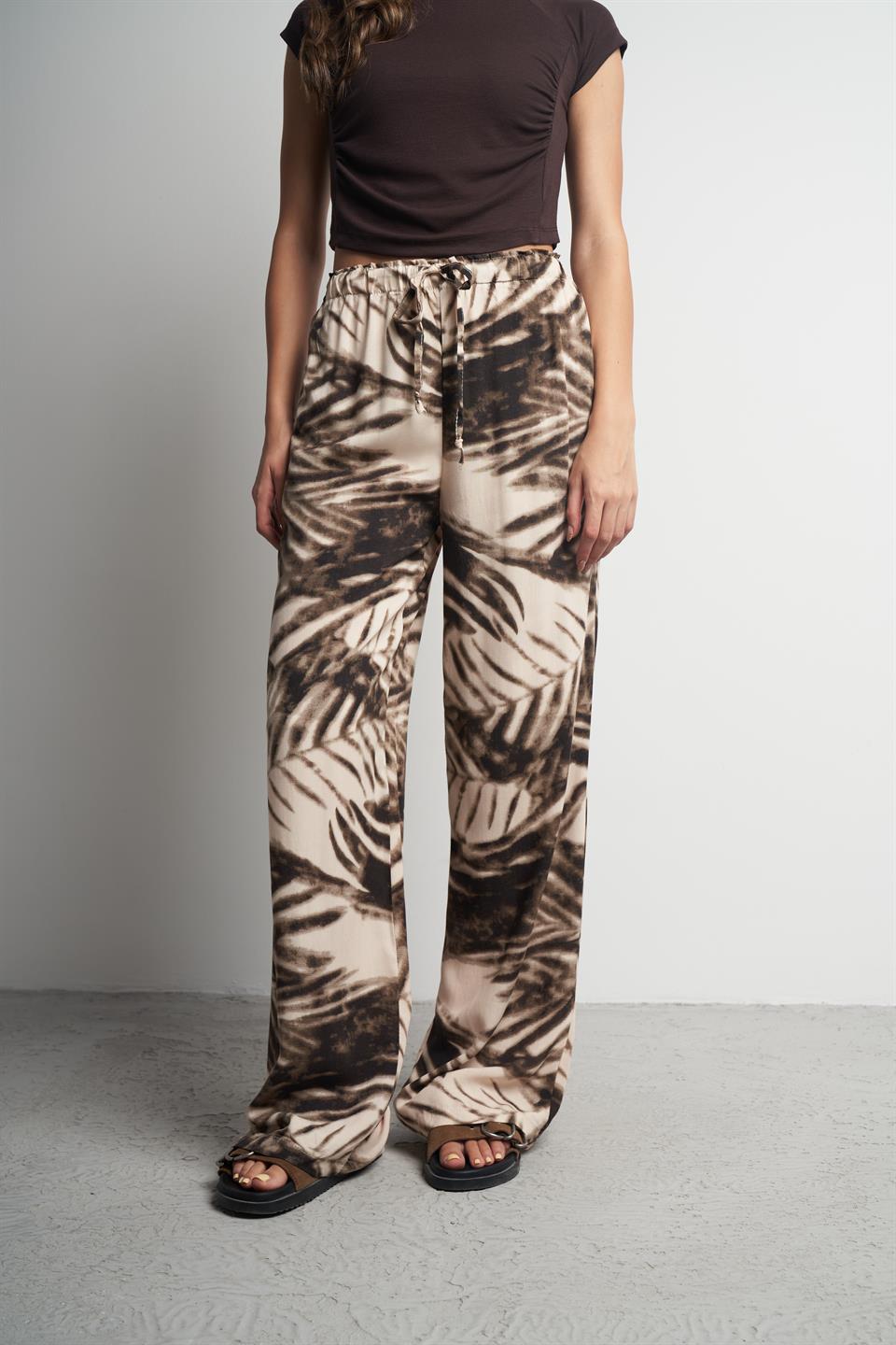 Bel Lastik Desenli Bol Paça Pantolon Kahve