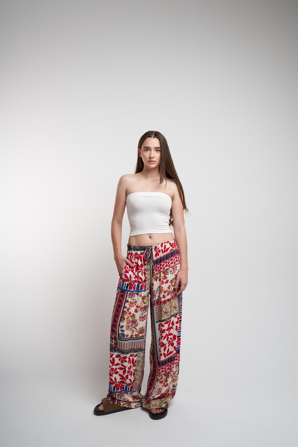 Bel Lastik Desenli Bol Paça Pantolon Kırmızı-Bej