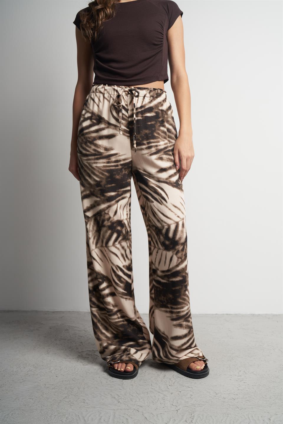 Bel Lastik Desenli Bol Paça Pantolon Kahve