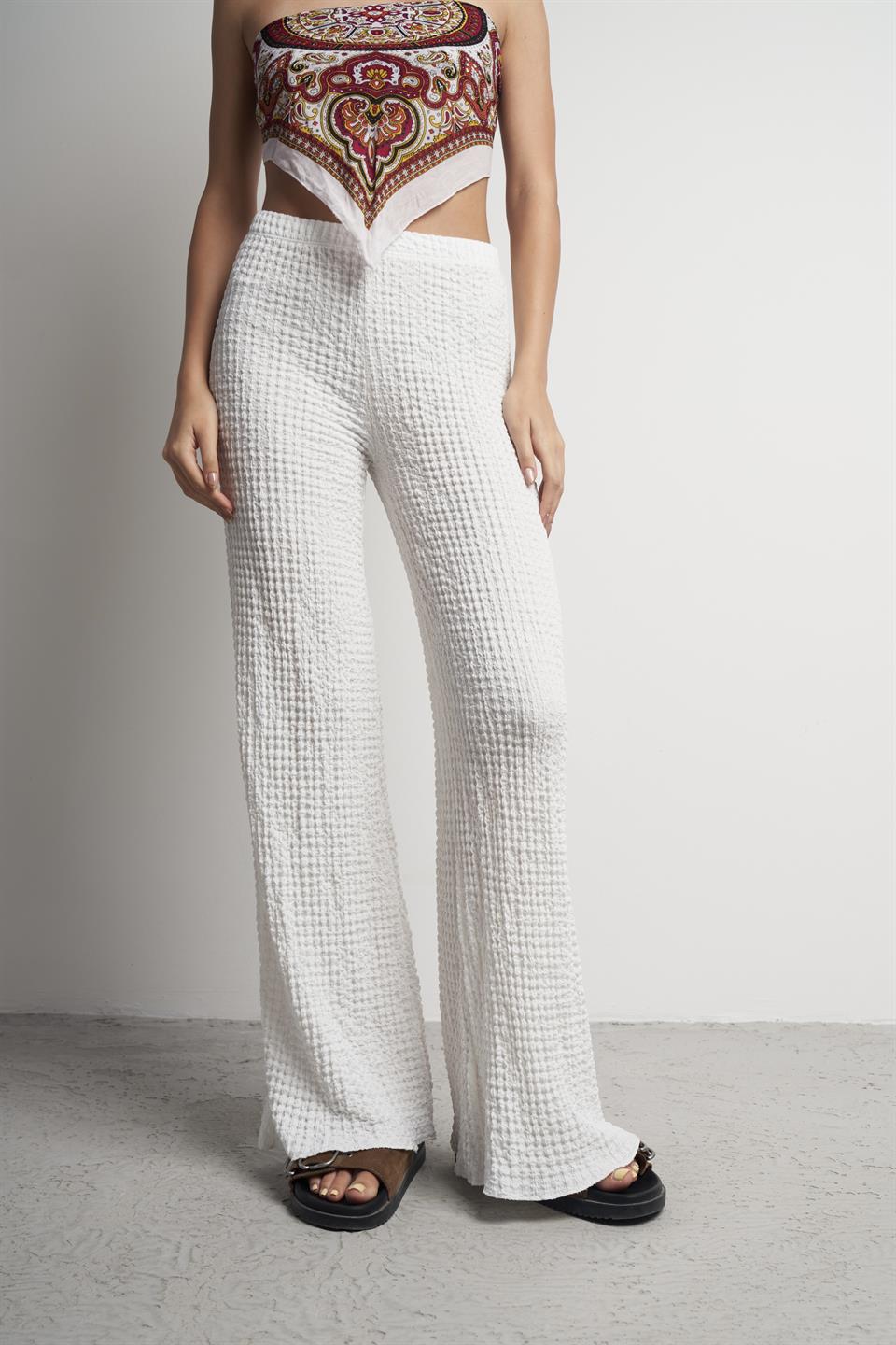 Bel Lastik Gofre Bol Paça Pantolon Ekru