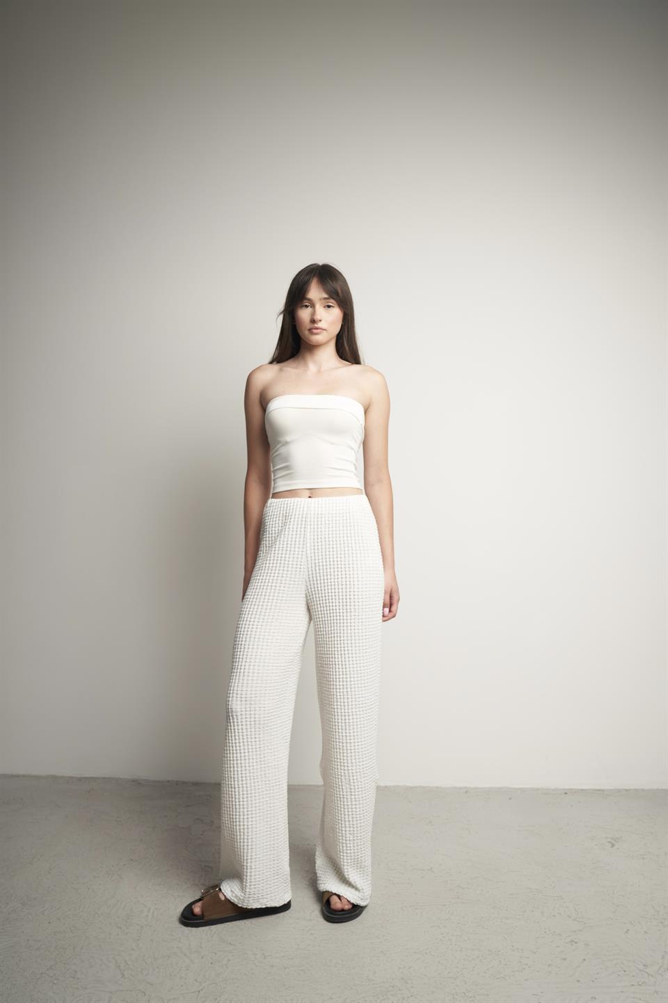 Bel Lastik Gofre Bol Paça Pantolon Ekru