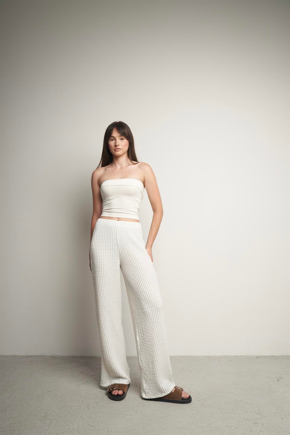 Bel Lastik Gofre Bol Paça Pantolon Ekru