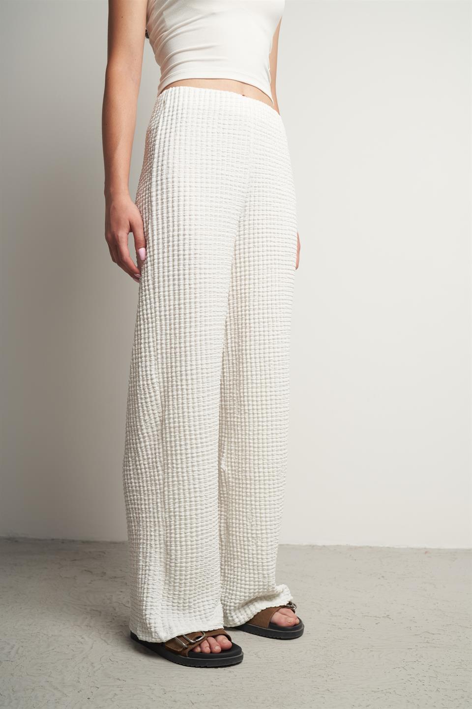 Bel Lastik Gofre Bol Paça Pantolon Ekru