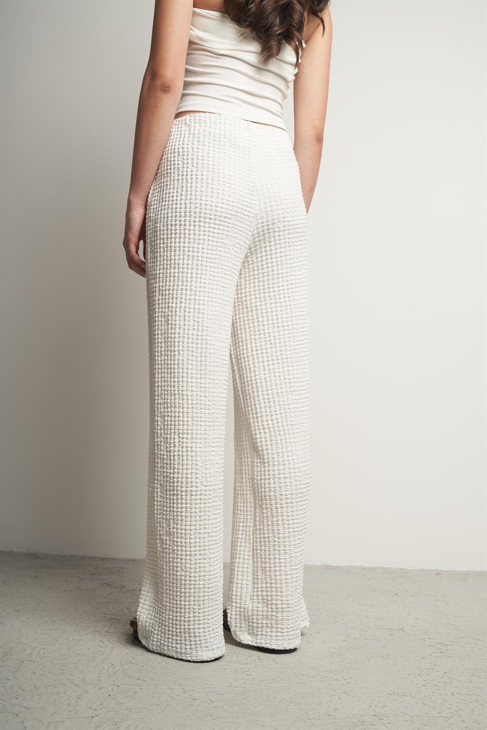 Bel Lastik Gofre Bol Paça Pantolon Ekru