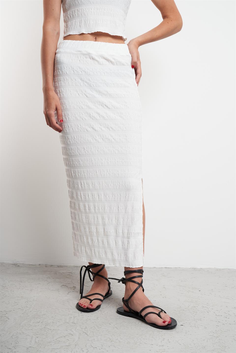 Bel Lastik Kabartma Desenli Etek Ekru