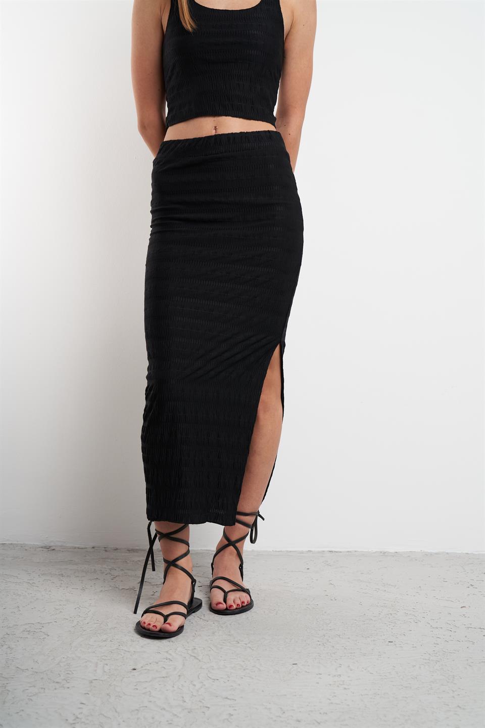 Bel Lastik Kabartma Desenli Etek Siyah