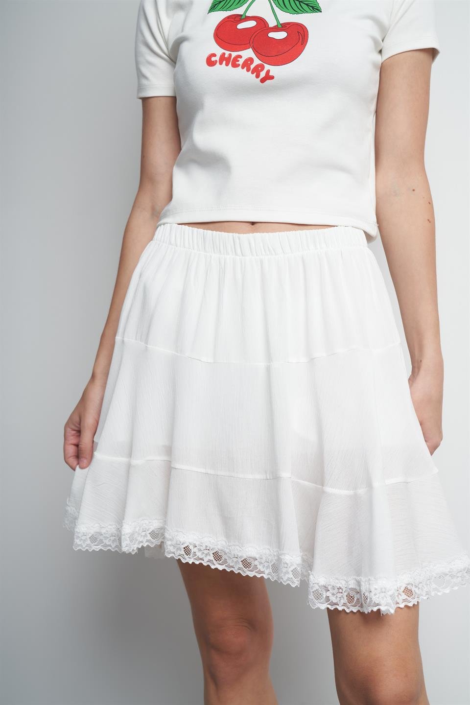Bel Lastik Kısa Şort Etek Ekru