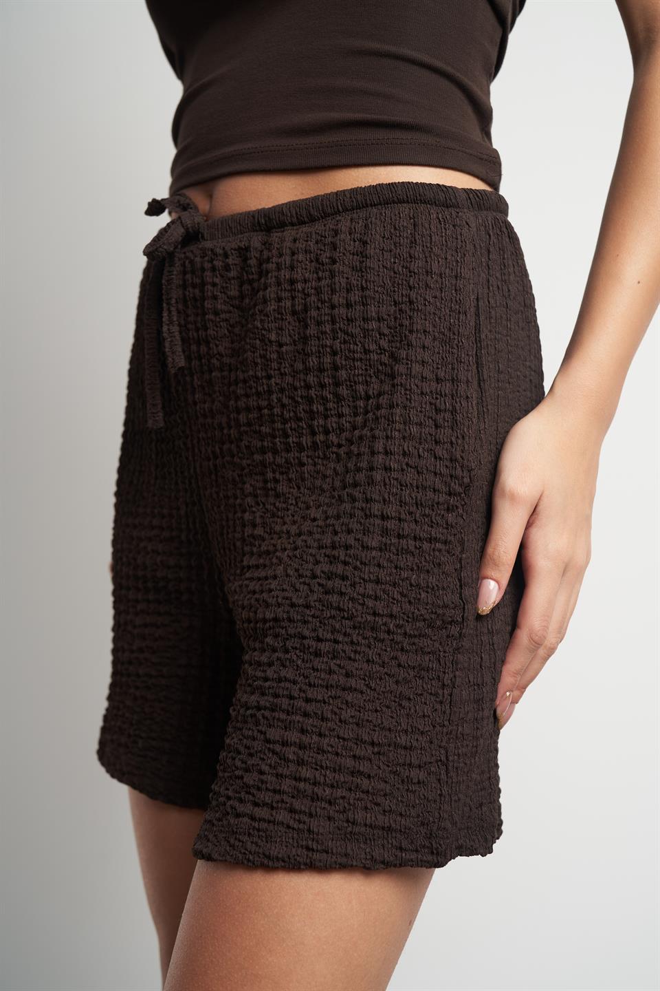 Bel Lastik Rasel Kısa Şort Kahve