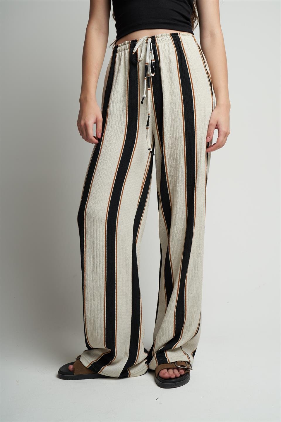 Bel Lastik Şerit Detaylı Bol Paça Pantolon Krem-Siyah