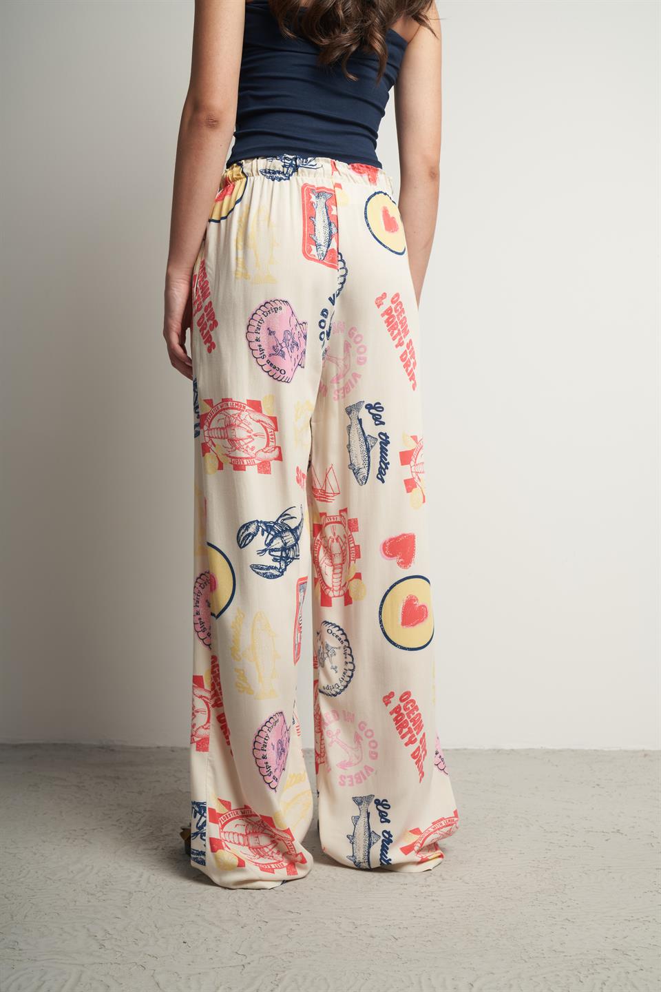 Bel Lastik Summer Desen Bol Paça Pantolon Bej-Kırmızı