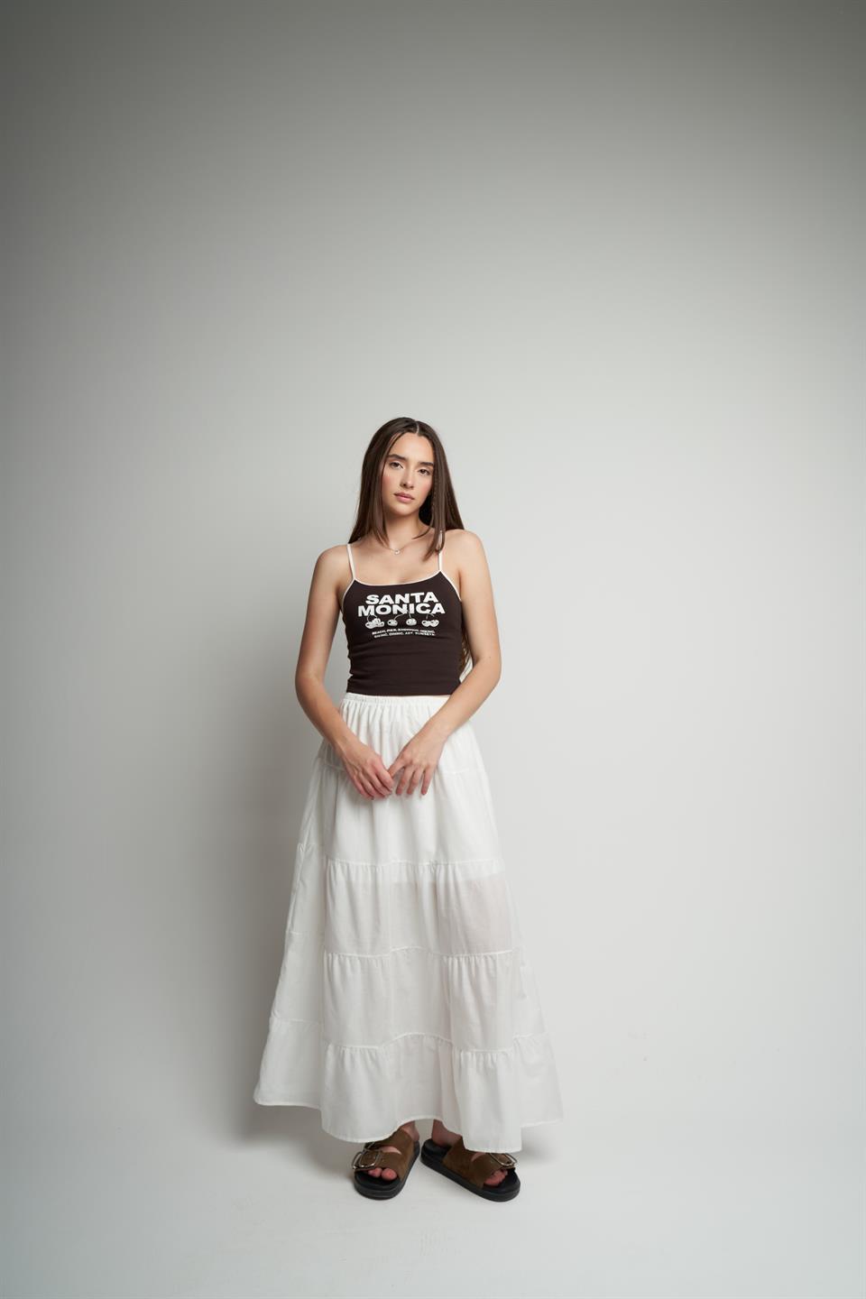 Bel Lastik İç Astarlı Uzun Etek Ekru