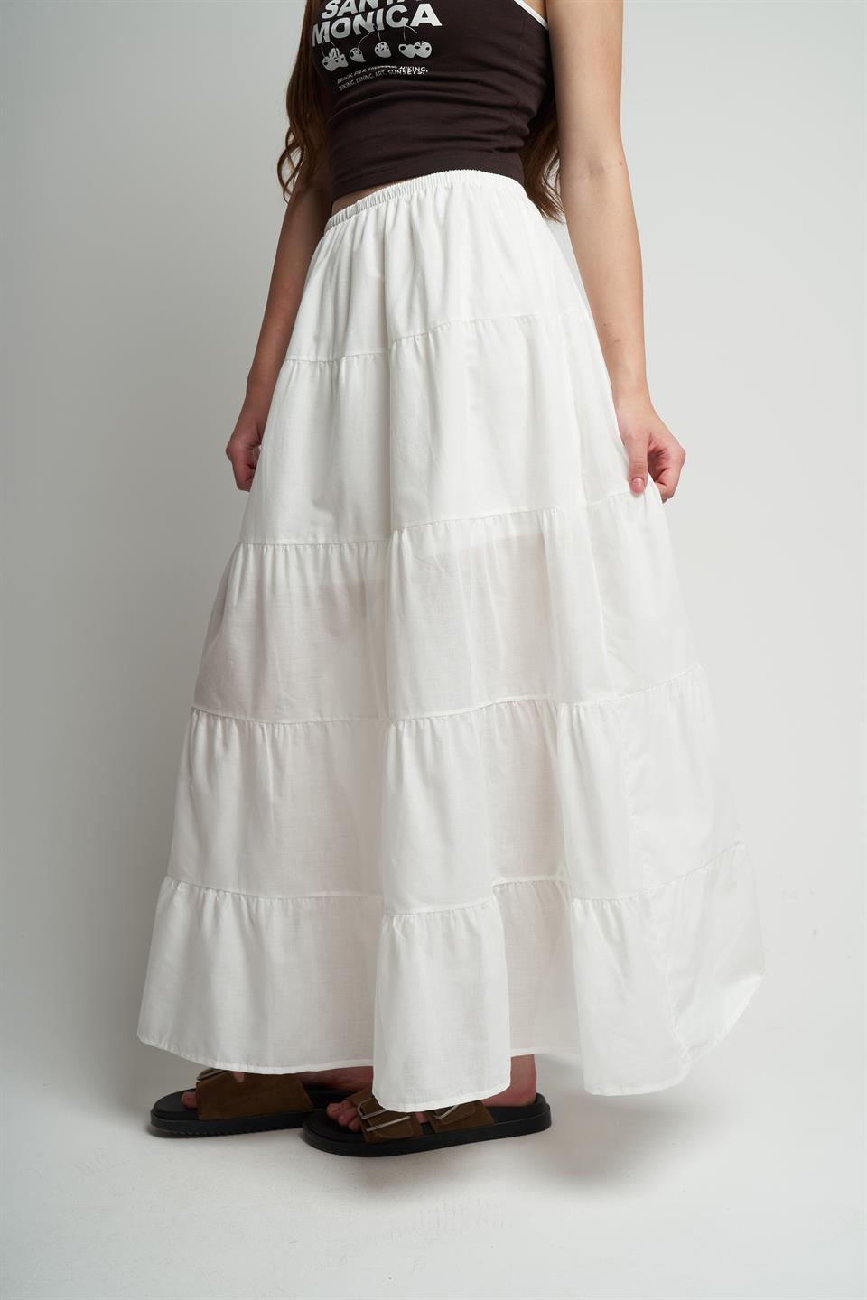 Bel Lastik İç Astarlı Uzun Etek Ekru