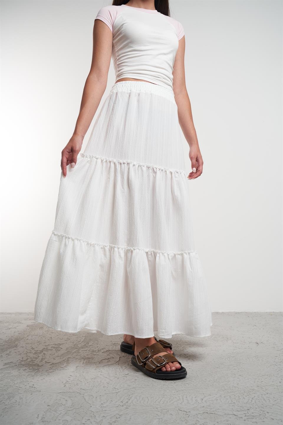 Bel Lastik Uzun Etek Ekru
