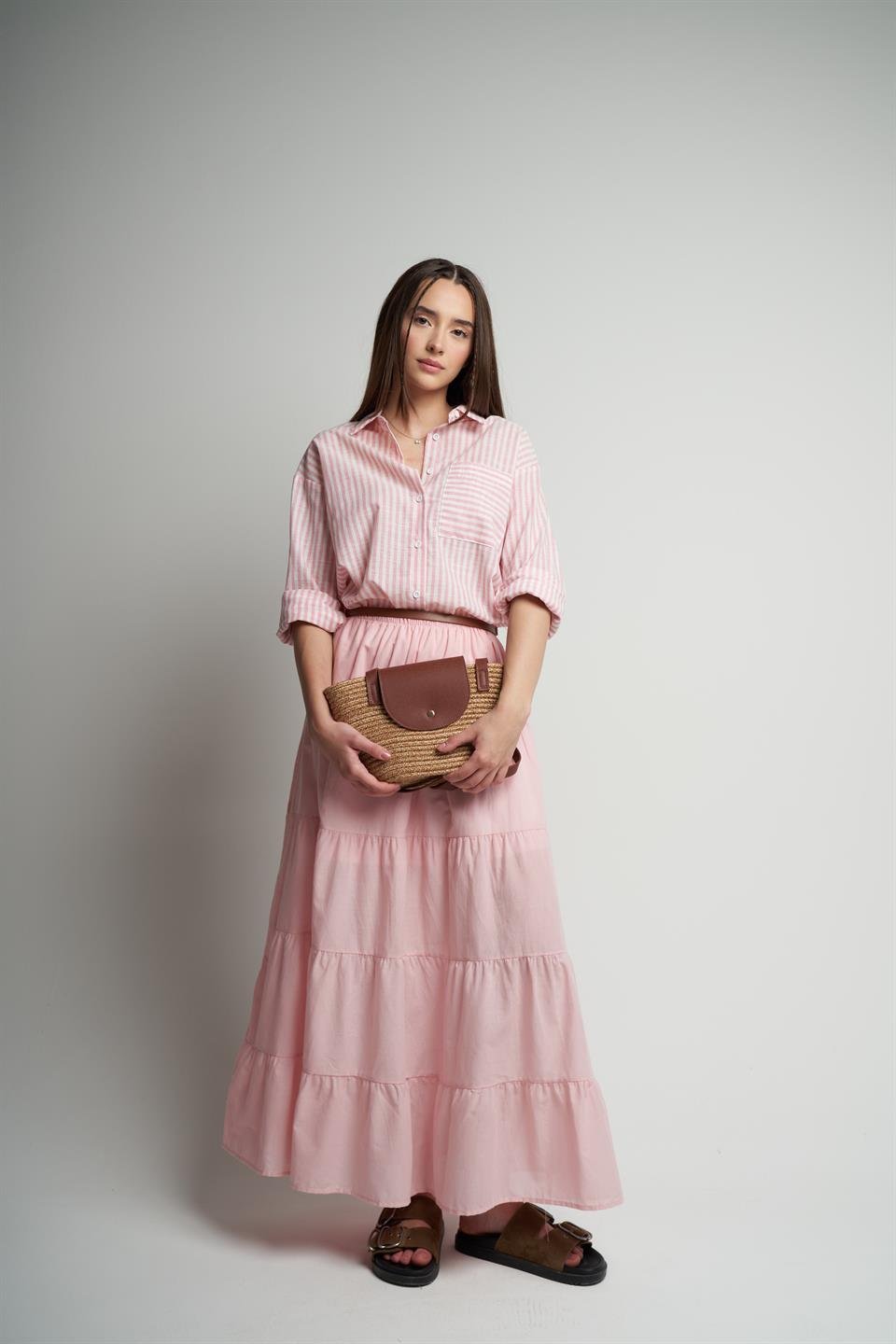 Bel Lastik İç Astarlı Uzun Etek Pudra