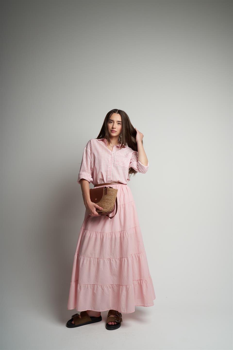 Bel Lastik İç Astarlı Uzun Etek Pudra