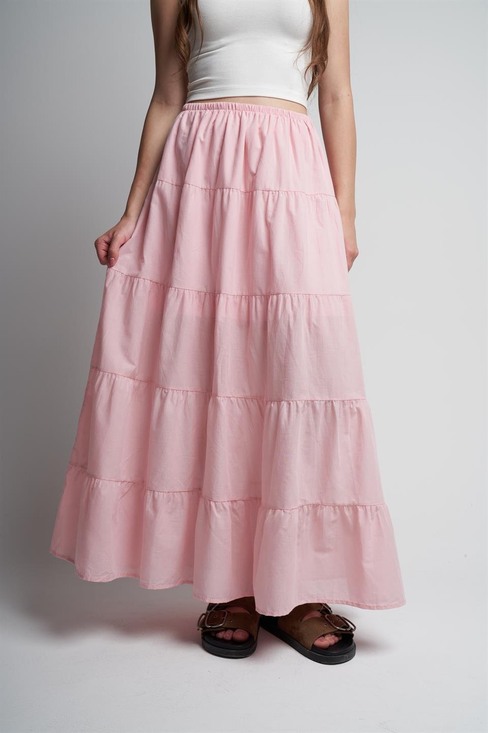 Bel Lastik İç Astarlı Uzun Etek Pudra