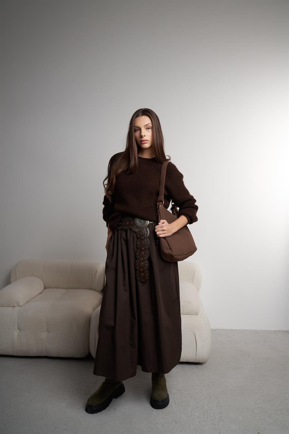 Bel Lastik Uzun Poplin Etek Acı Kahve