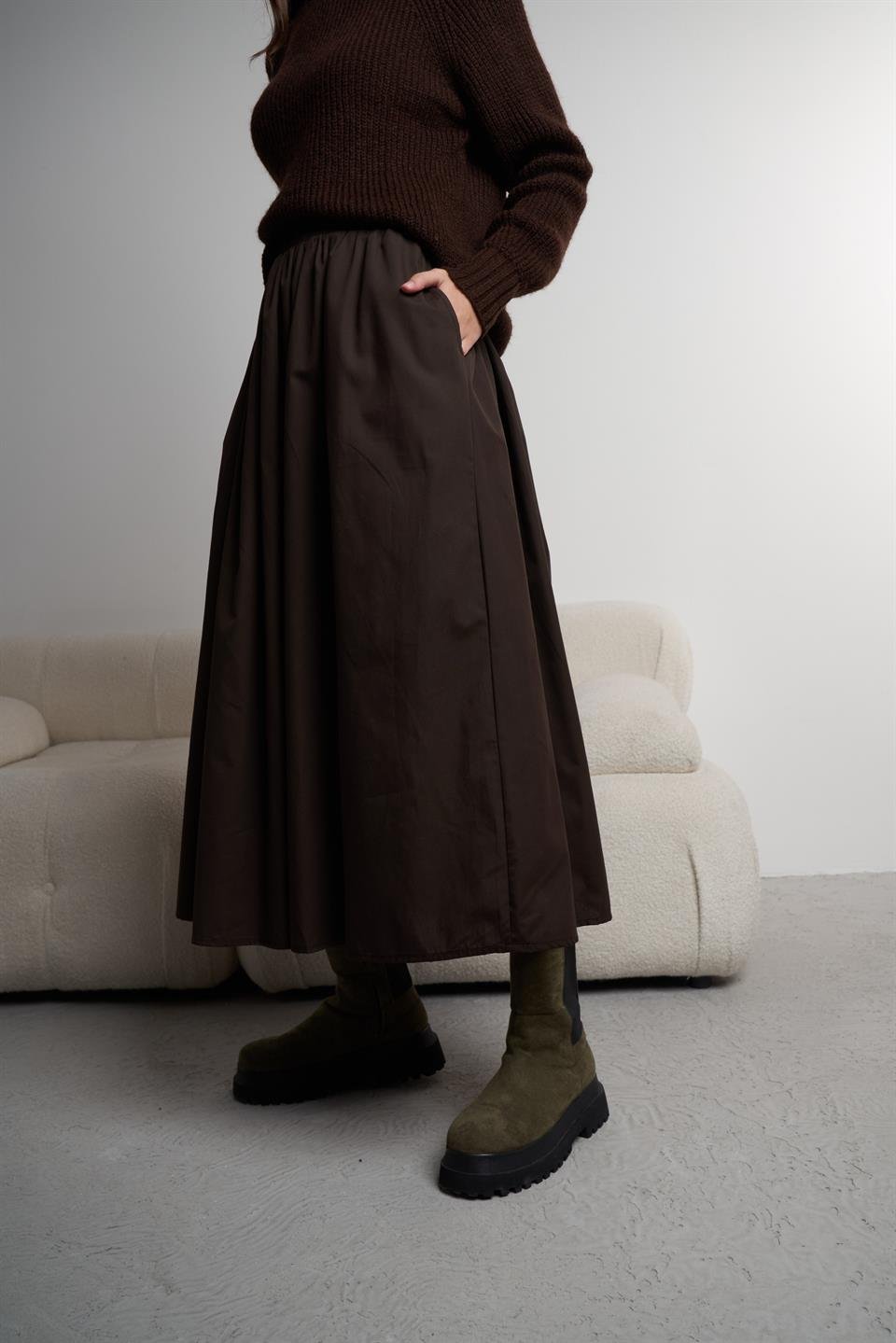 Bel Lastik Uzun Poplin Etek Acı Kahve