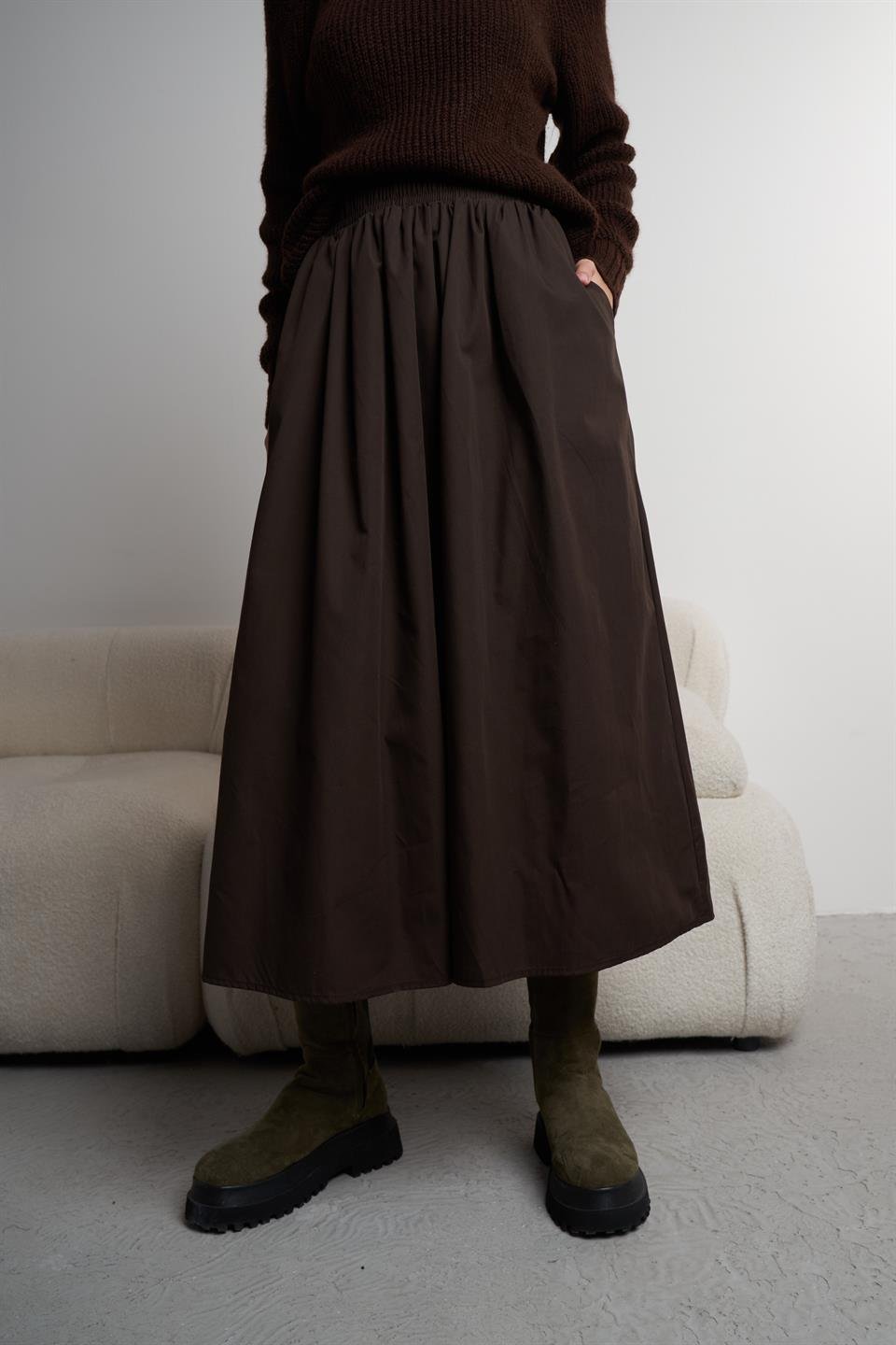 Bel Lastik Uzun Poplin Etek Acı Kahve