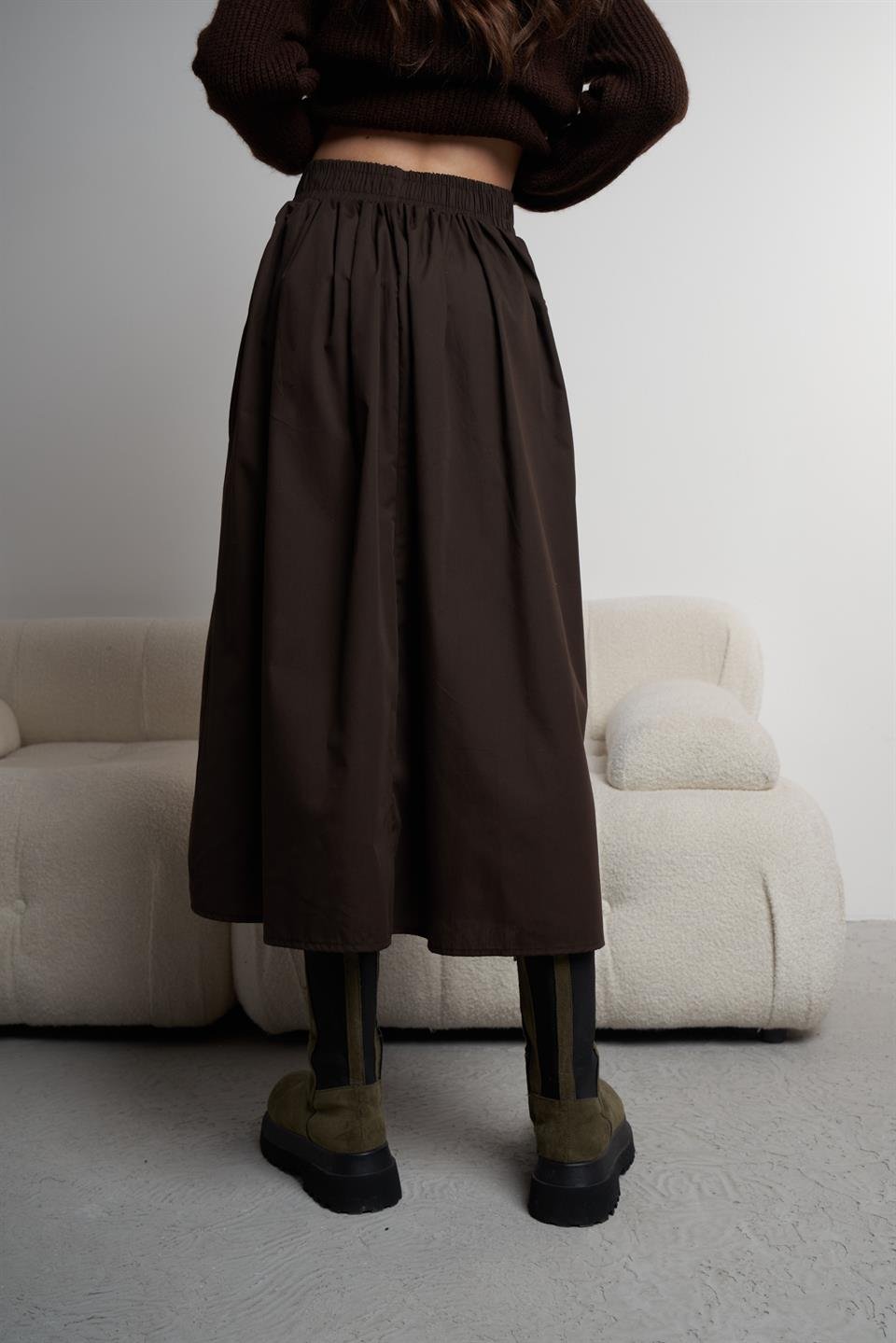 Bel Lastik Uzun Poplin Etek Acı Kahve