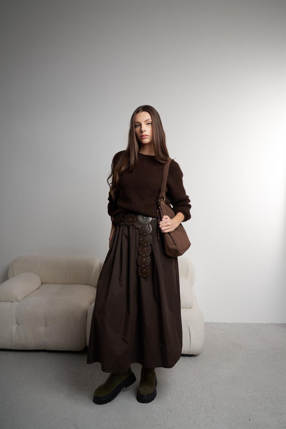 Bel Lastik Uzun Poplin Etek Acı Kahve