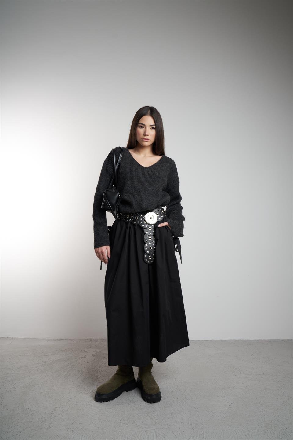 Bel Lastik Uzun Poplin Etek Siyah