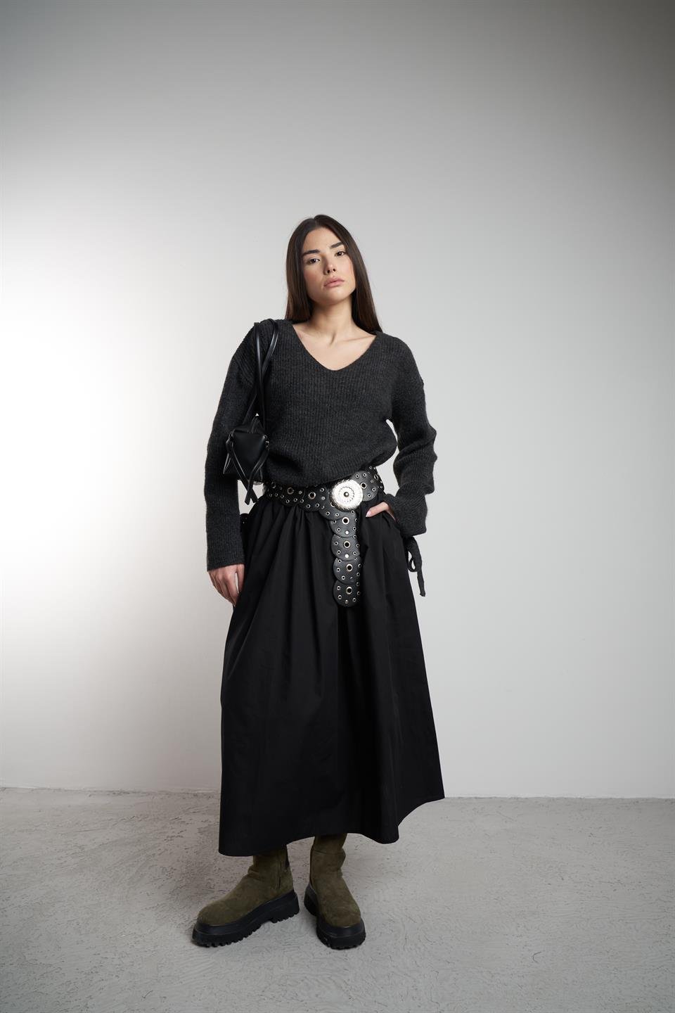 Bel Lastik Uzun Poplin Etek Siyah